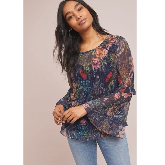 NWT Eva Franco Anthropologie Shimmery
Blue Floral Bell Sleeve Top Size Medium - Picture 1 of 3